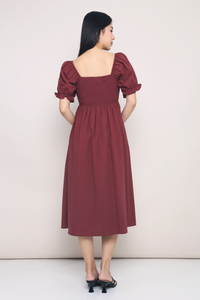 Harlow Smocked Midaxi Dress Burgundy