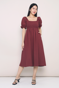 Harlow Smocked Midaxi Dress Burgundy