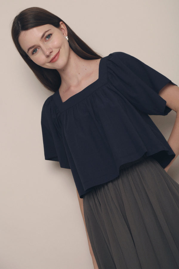 Haru Flutter Sleeves Blouse Navy