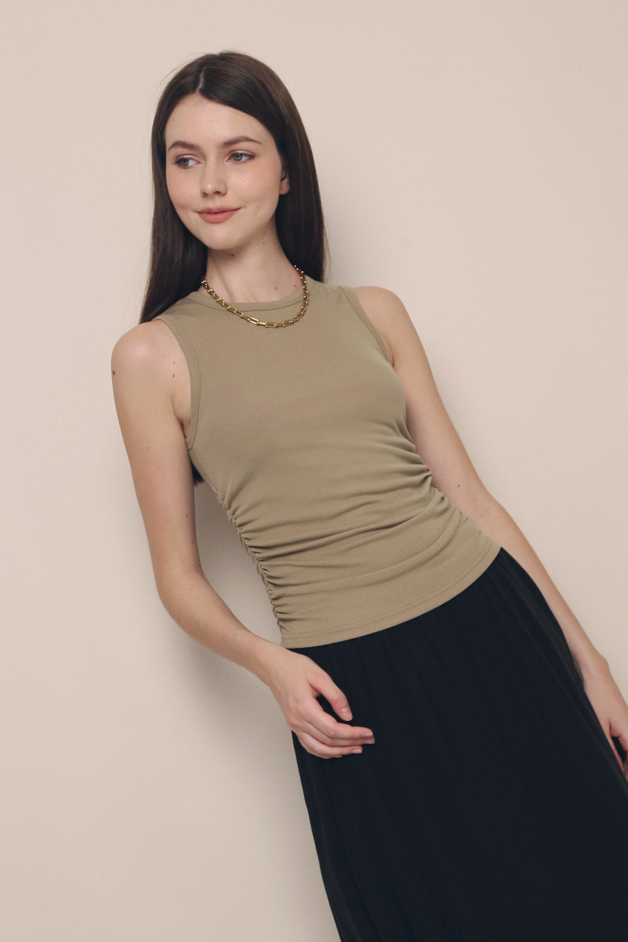 Hera Basic Ruche Sleeveless Top Olive