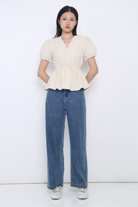 Ike V Neck Shirred Waist Blouse Cream