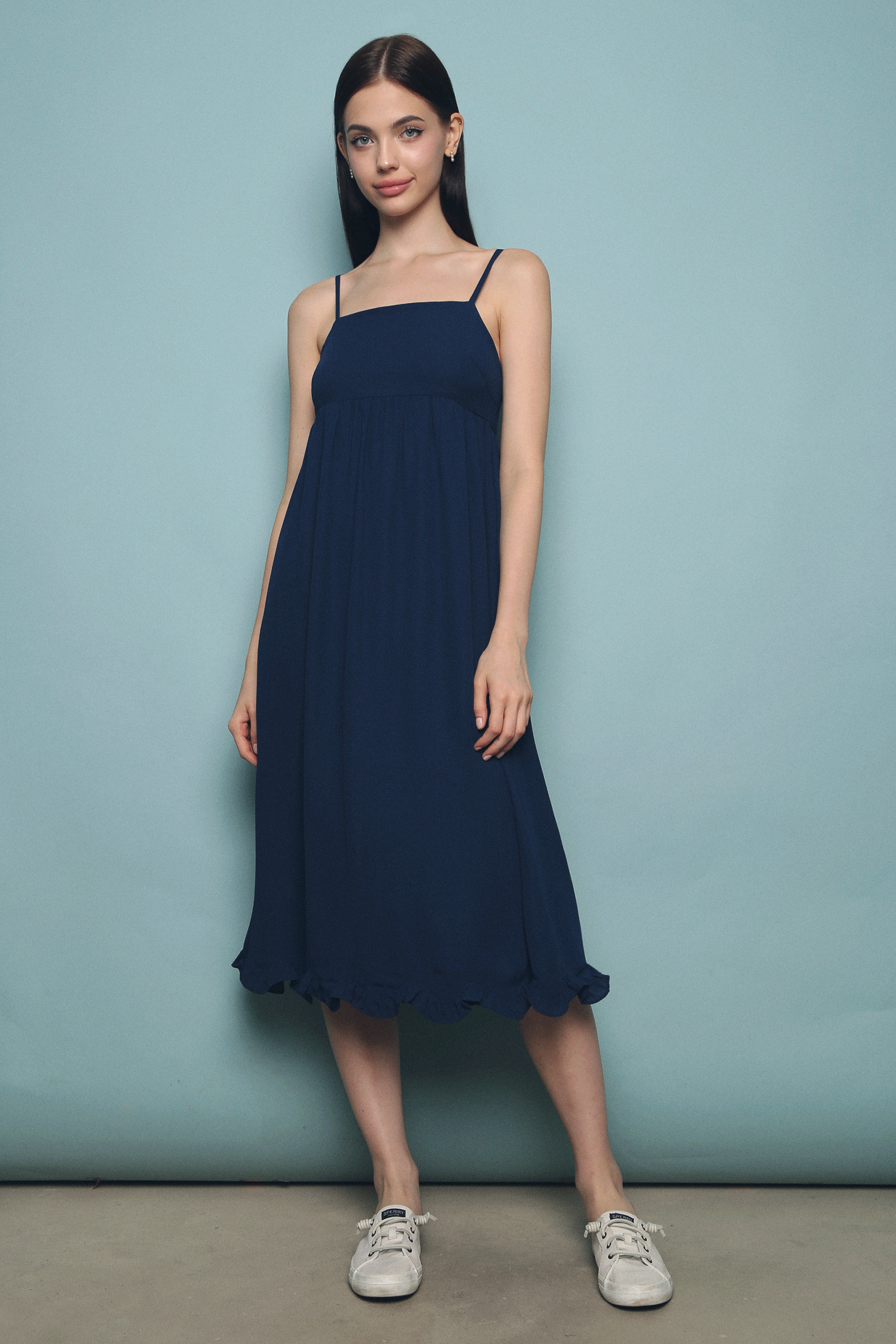 Hazel Scallop Hem Midi Dress Navy