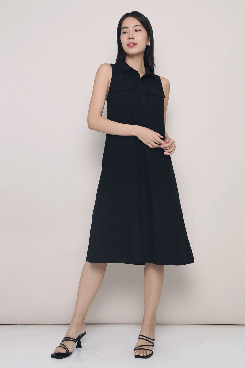 Jules Sleeveless Pocket Midi Dress Black