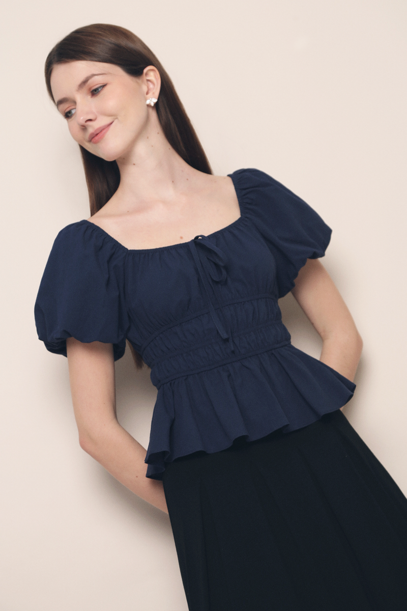 Kindra Shirred Waist Top Navy