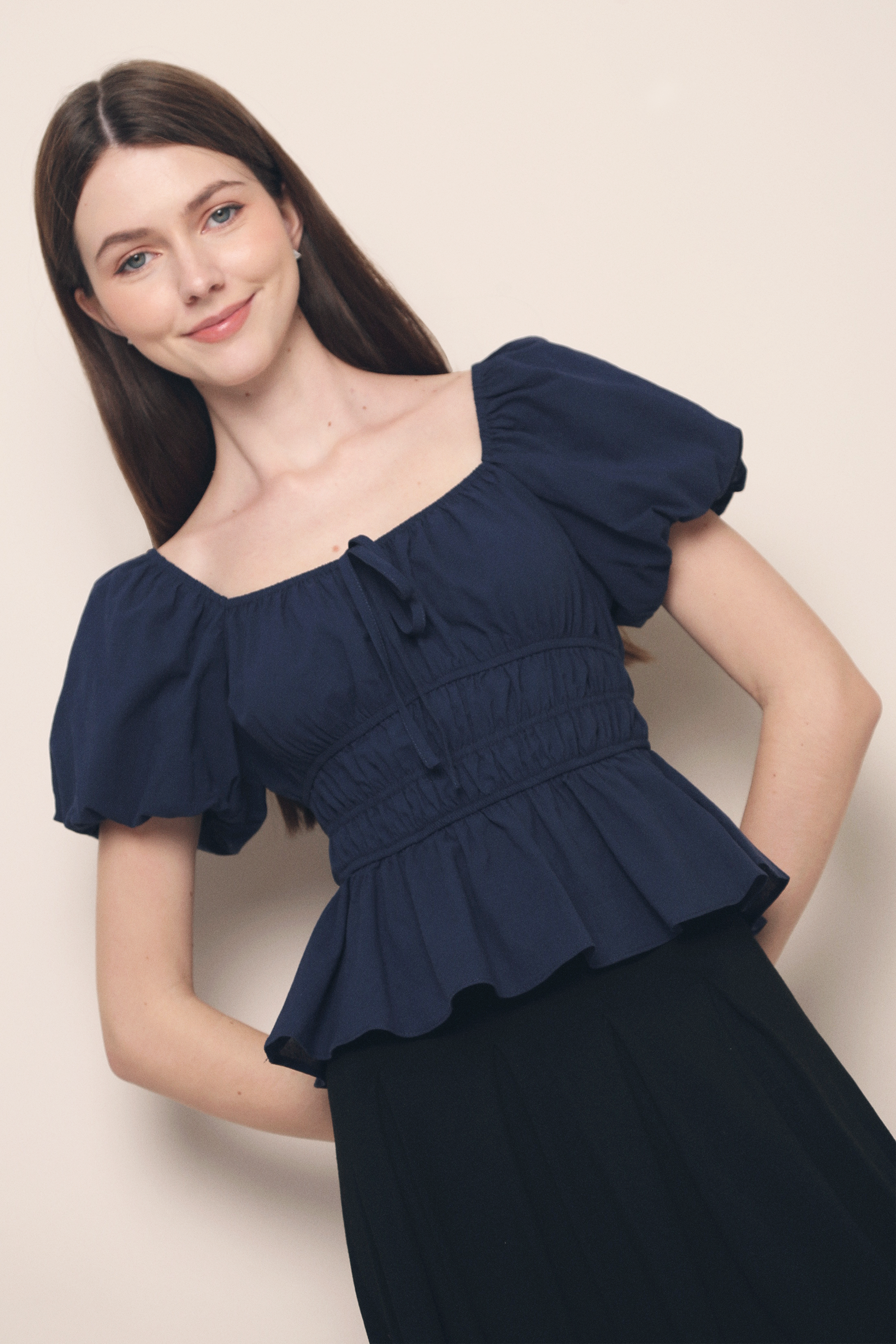 Kindra Shirred Waist Top Navy