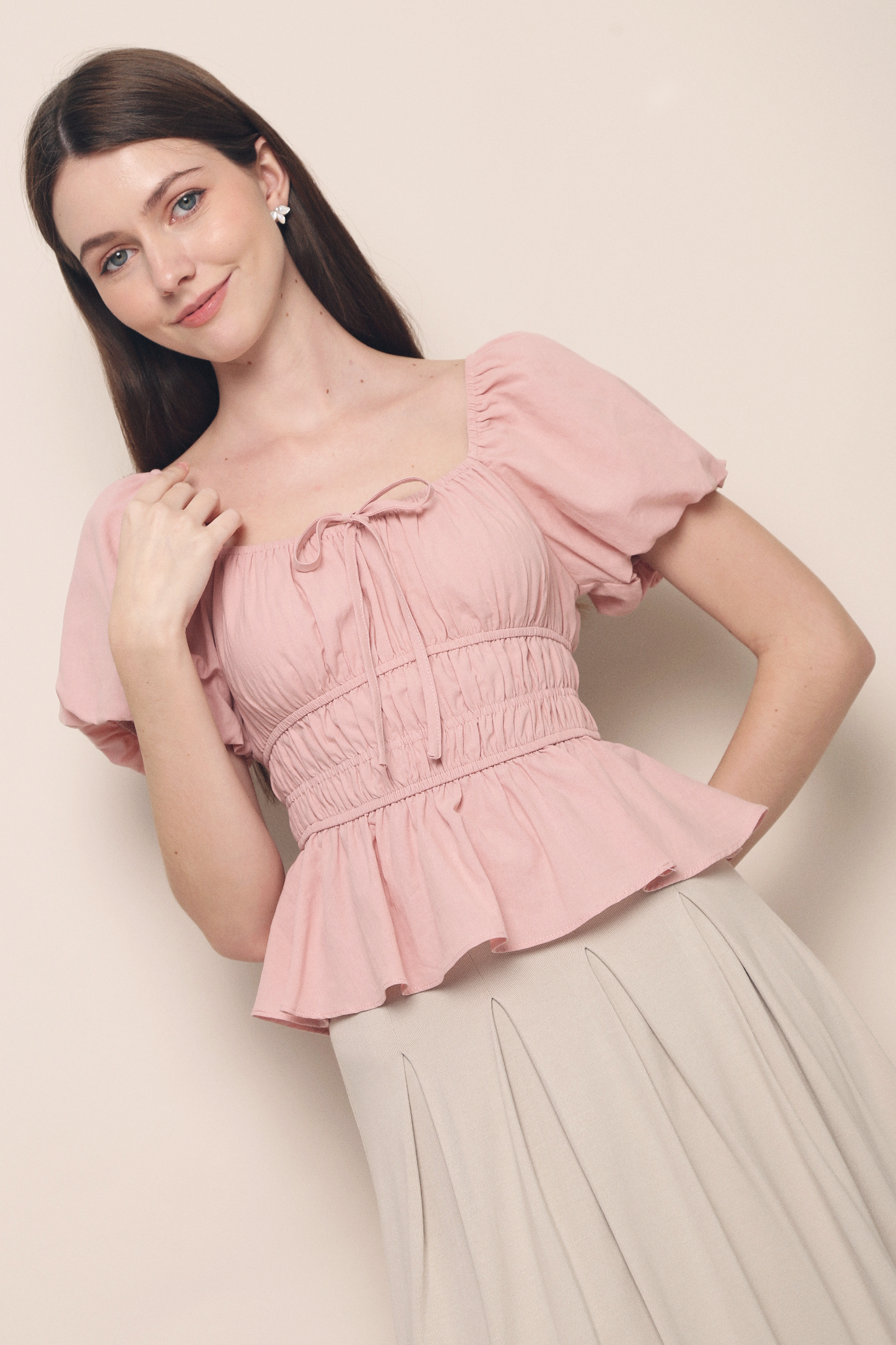 Kindra Shirred Waist Top Pink