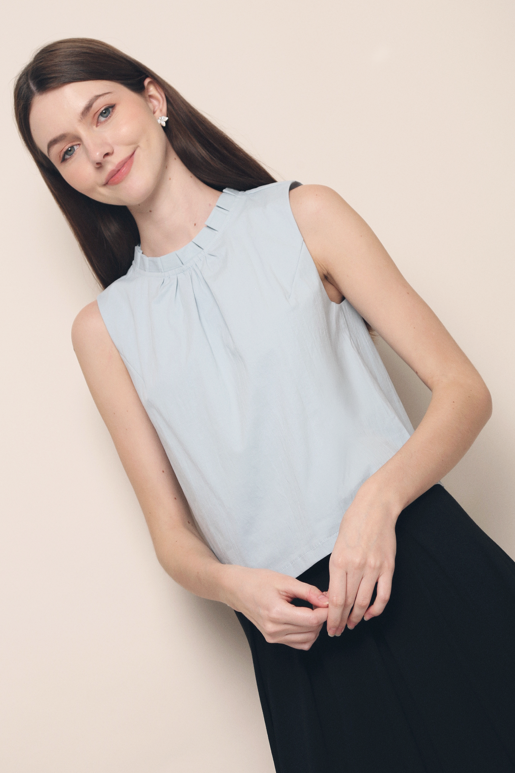 Lexley Pleat Collar Top Powder Blue