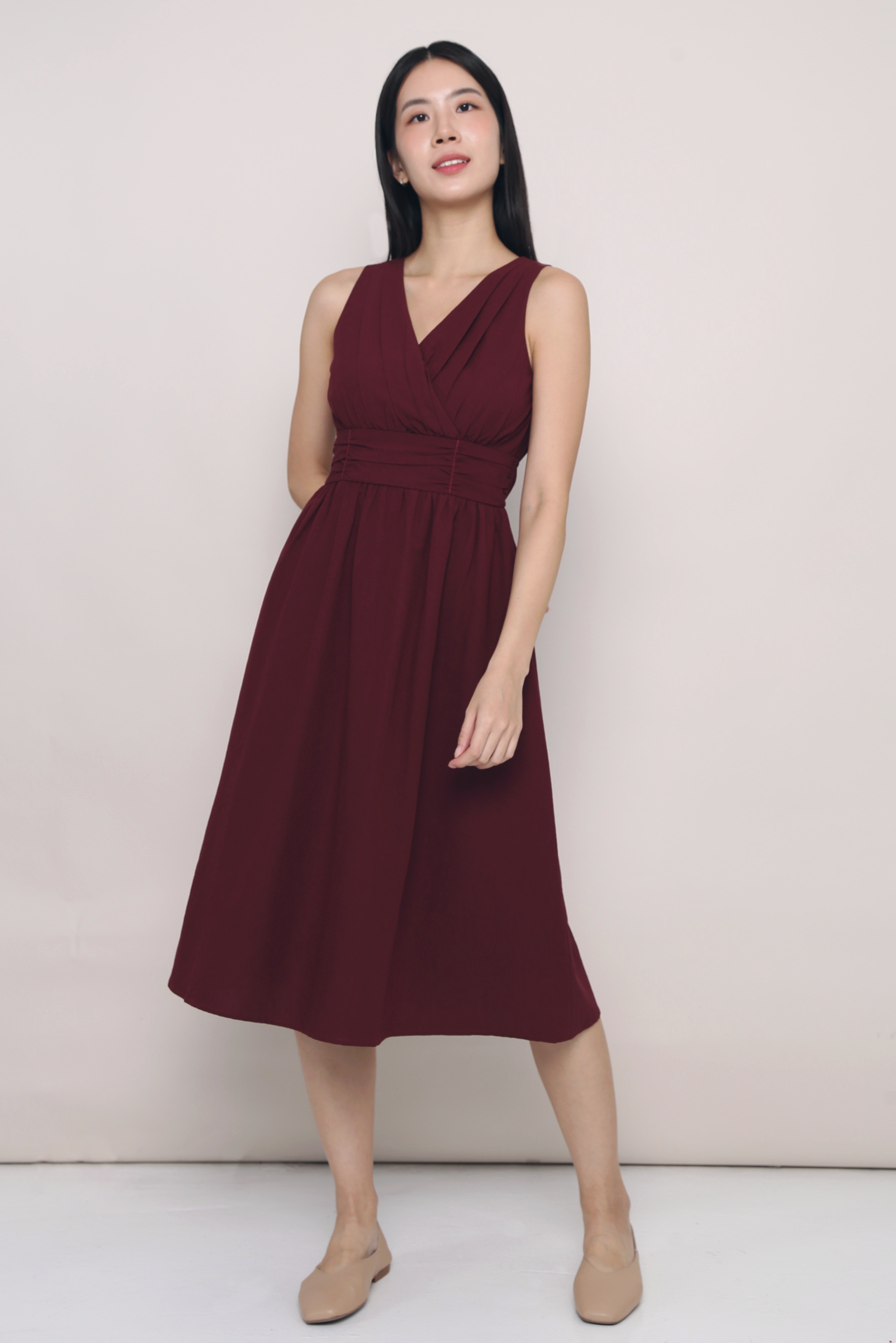 Meagan Pleat Waist Midi Dress Burgundy