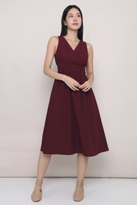 Meagan Pleat Waist Midi Dress Burgundy