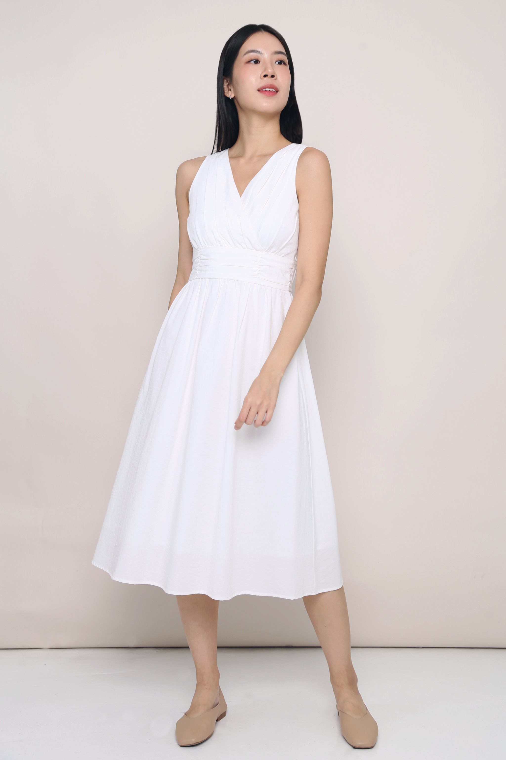 Meagan Pleat Waist Midi Dress White