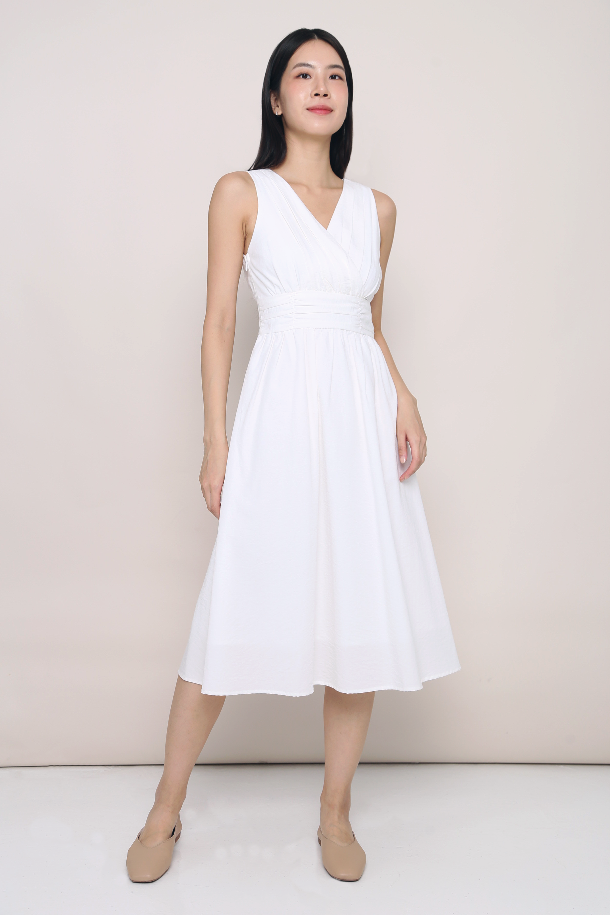Meagan Pleat Waist Midi Dress White