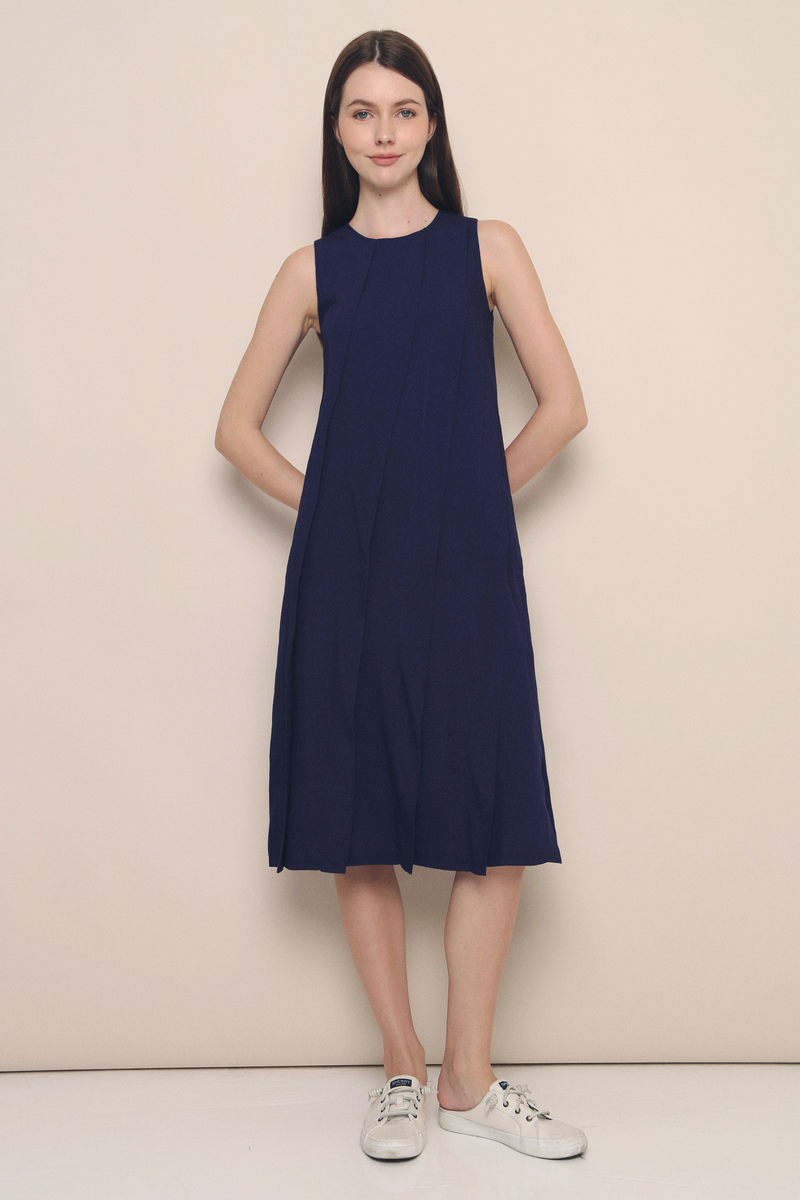 Mila Diagonal Pleat Midi Dress Navy