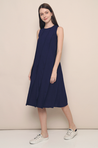 Mila Diagonal Pleat Midi Dress Navy