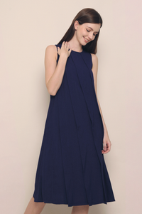 Mila Diagonal Pleat Midi Dress Navy