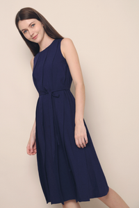 Mila Diagonal Pleat Midi Dress Navy