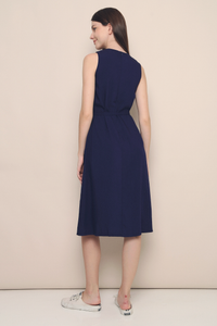 Mila Diagonal Pleat Midi Dress Navy