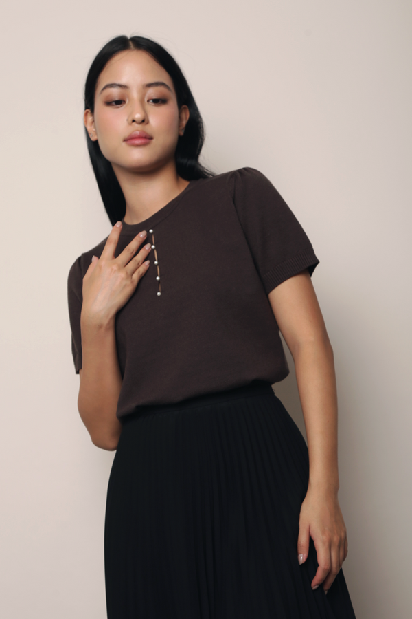 Montclair Pearl Drop Knit Blouse Chestnut Brown