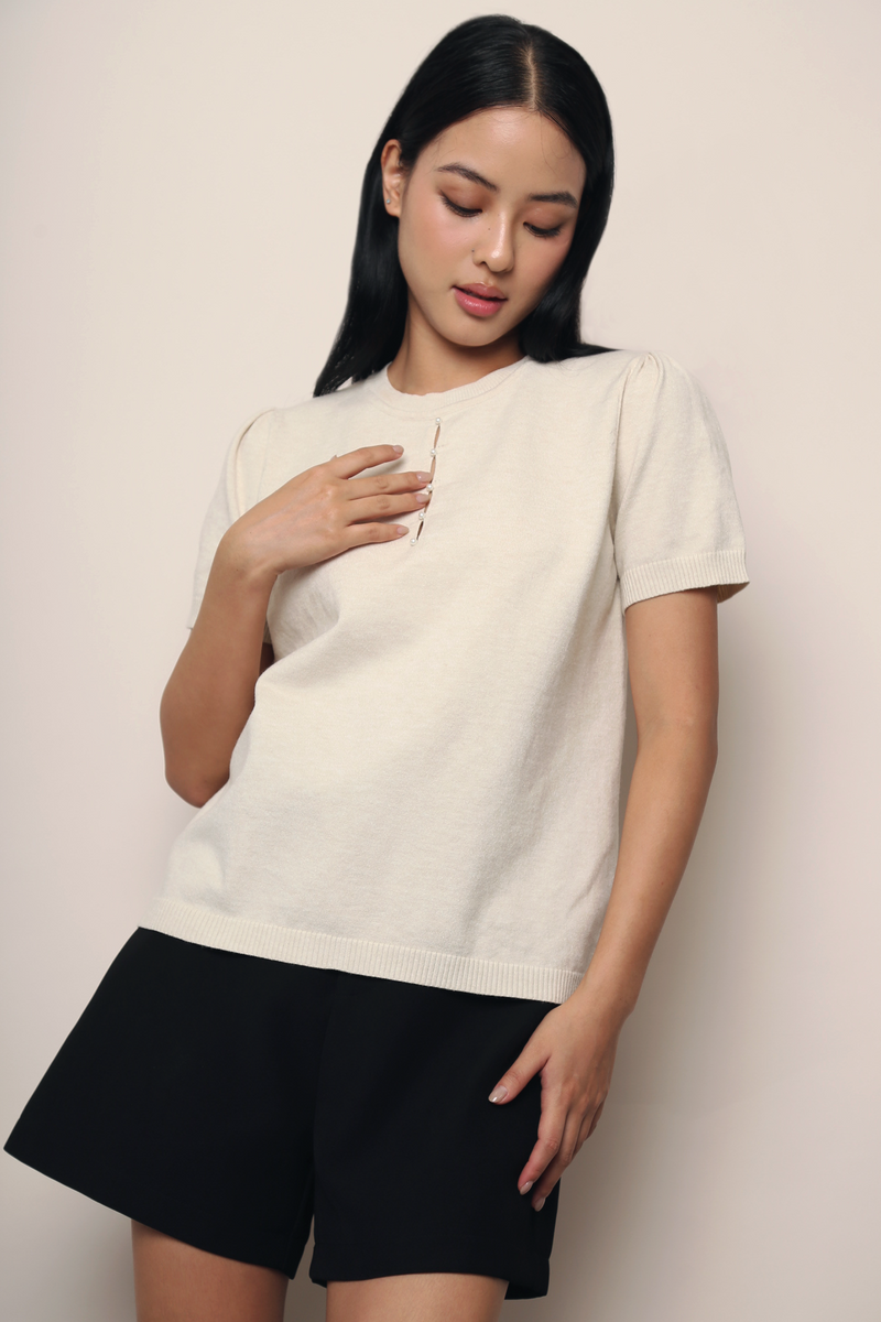 Montclair Pearl Drop Knit Blouse Cream