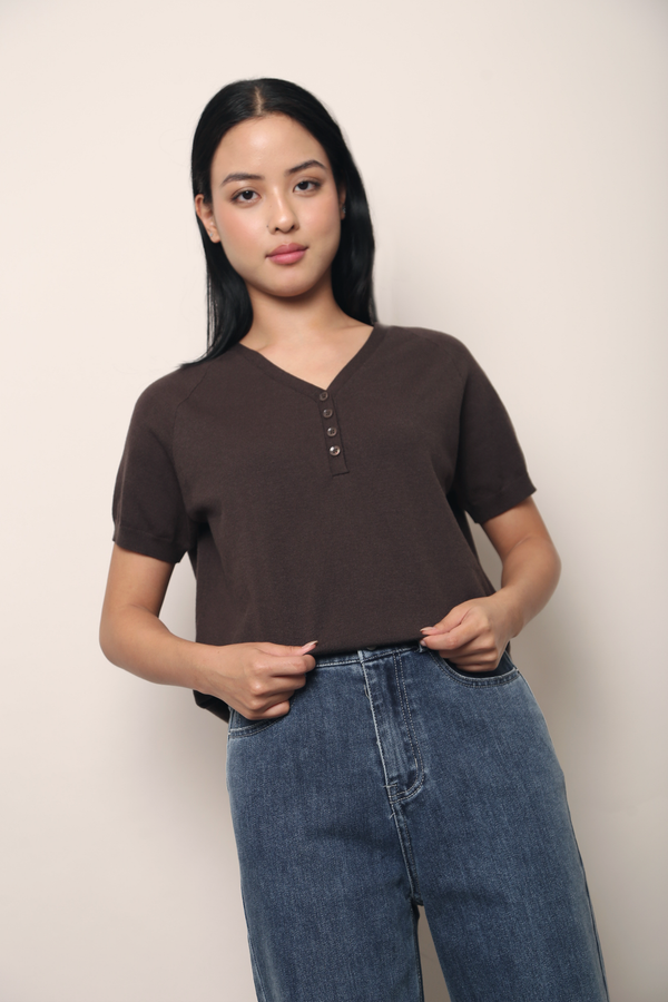 Charlie Button Down Knit Top Brown
