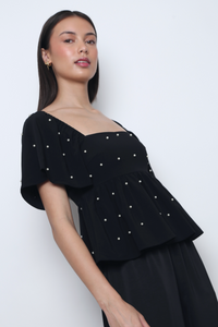 Moonlit Pearl Flutter Sleeves Top Black (Backorder)