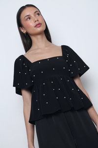 Moonlit Pearl Flutter Sleeves Top Black (Backorder)