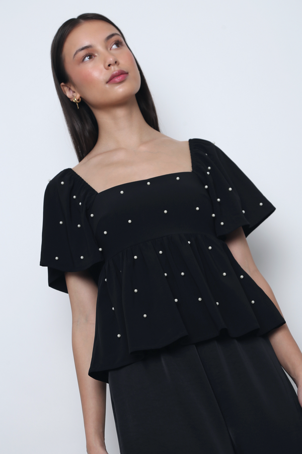 Moonlit Pearl Flutter Sleeves Top Black (Backorder)