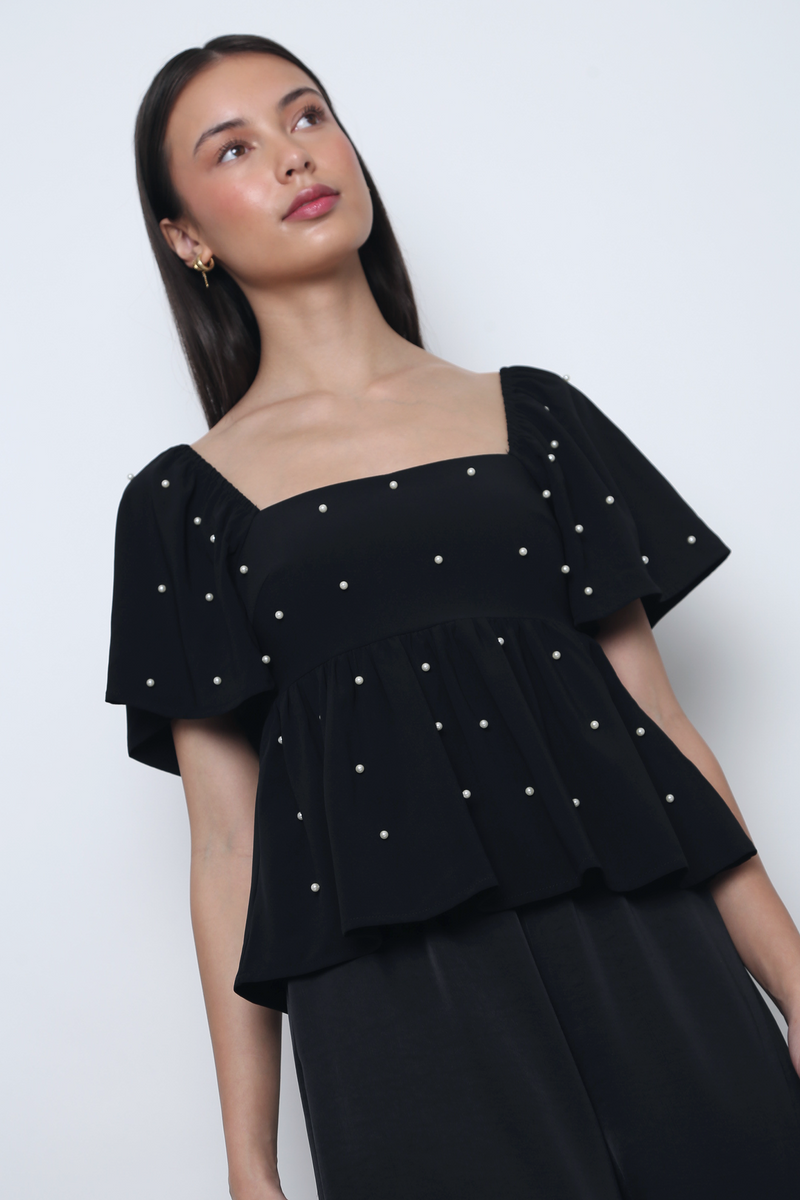 Moonlit Pearl Flutter Sleeves Top Black (Backorder)