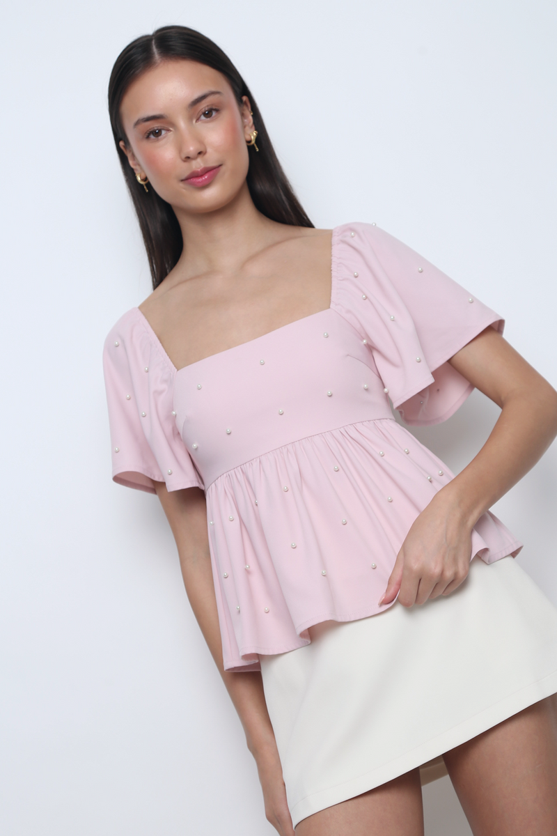 Moonlit Pearl Flutter Sleeves Top Pink (Backorder)