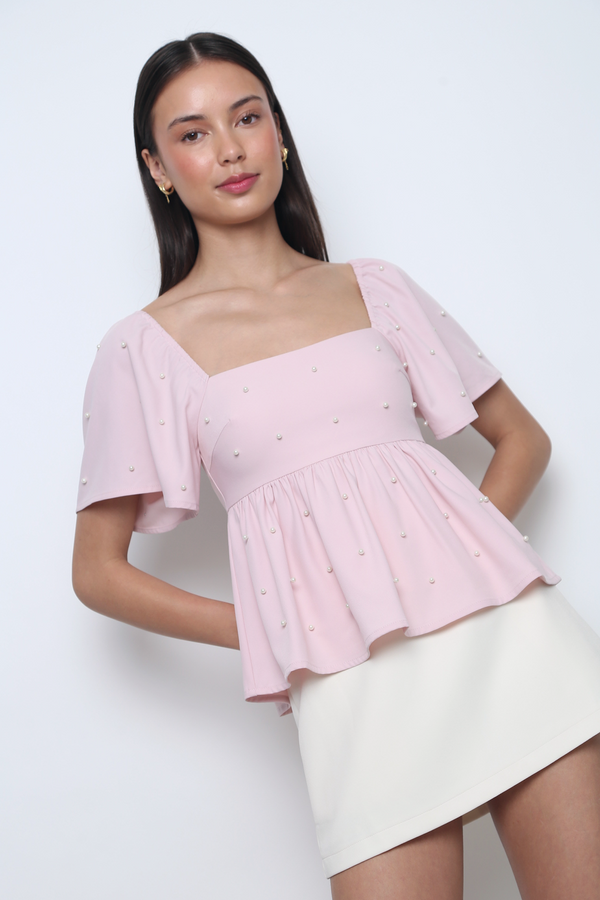 Moonlit Pearl Flutter Sleeves Top Pink (Backorder)