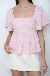 Moonlit Pearl Flutter Sleeves Top Pink (Backorder)
