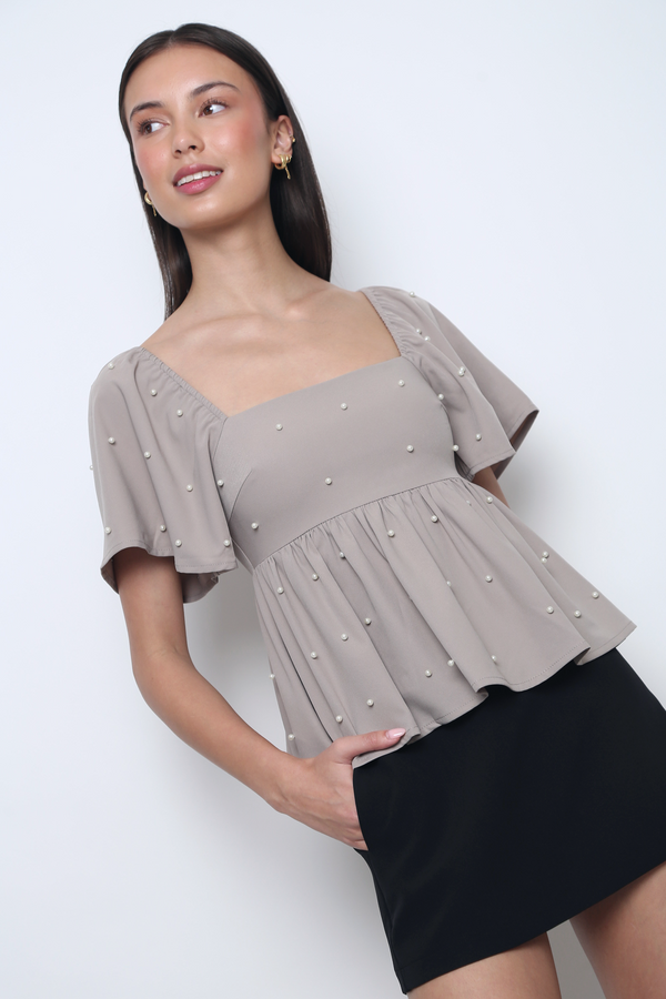 Moonlit Pearl Flutter Sleeves Top Taupe (Backorder)