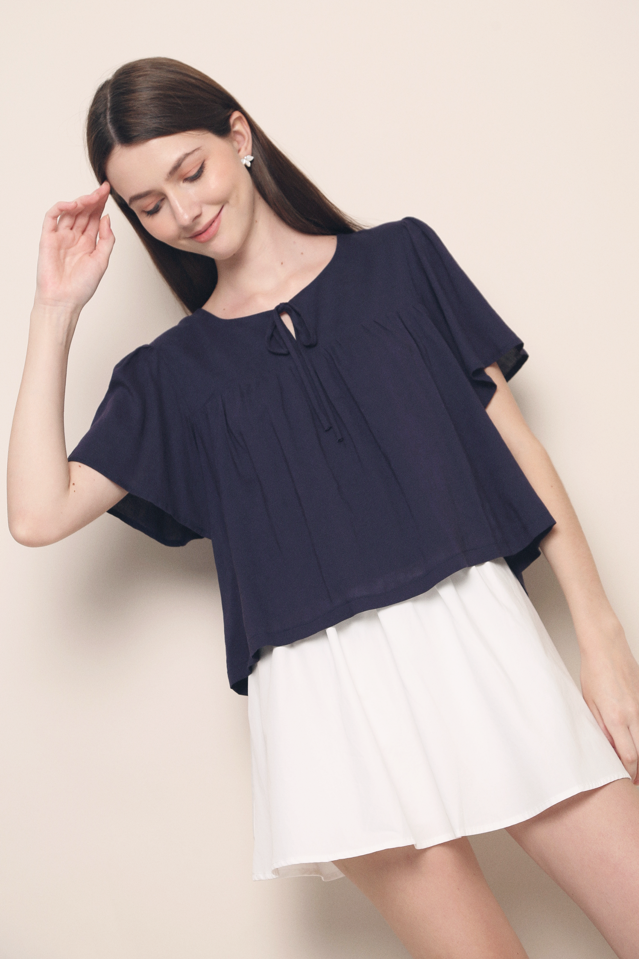 Nadya Flutter Tie Blouse Navy