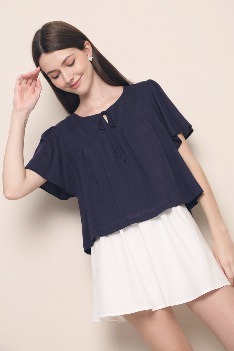 Nadya Flutter Tie Blouse Navy