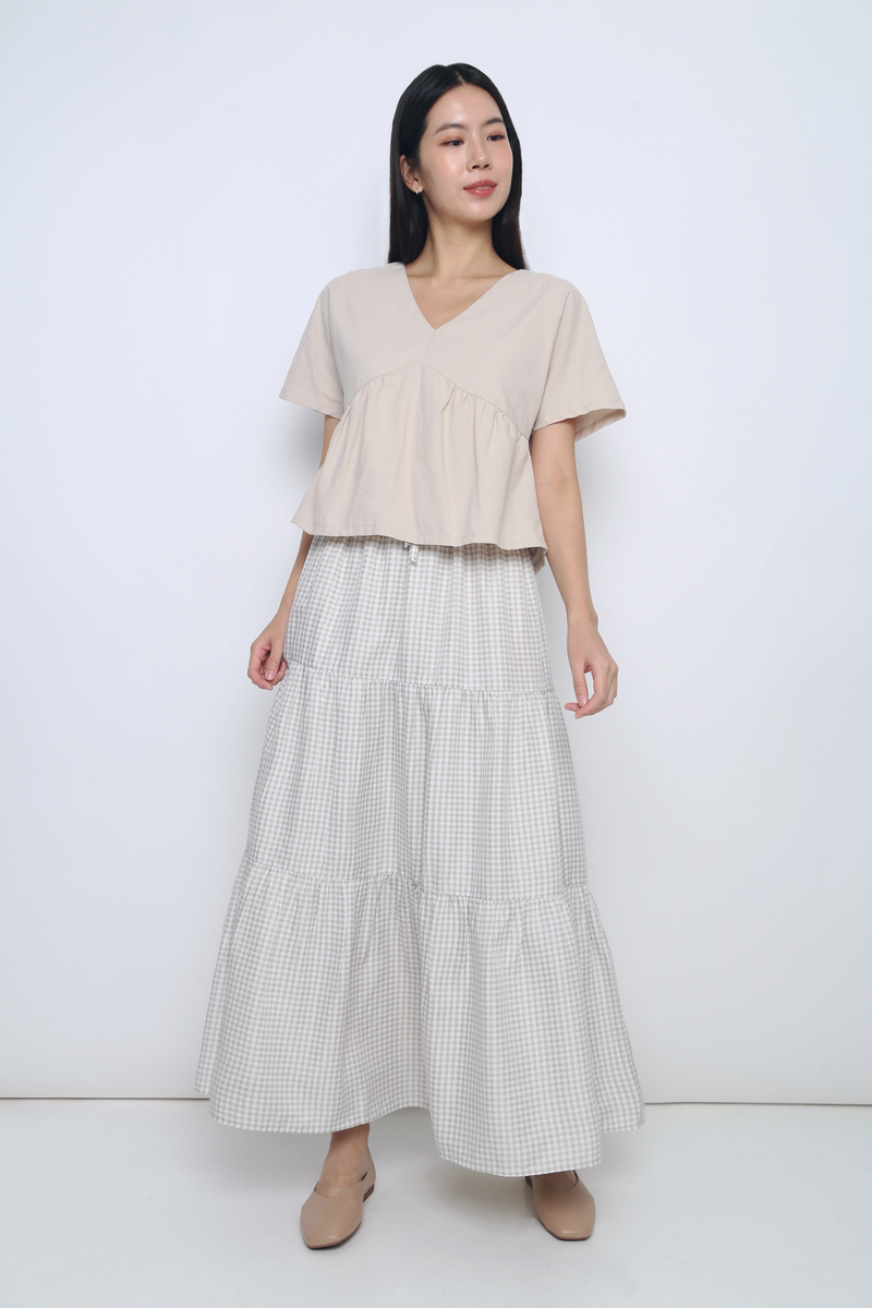 Peltz Gingham Tiered Maxi Skirt Light Taupe