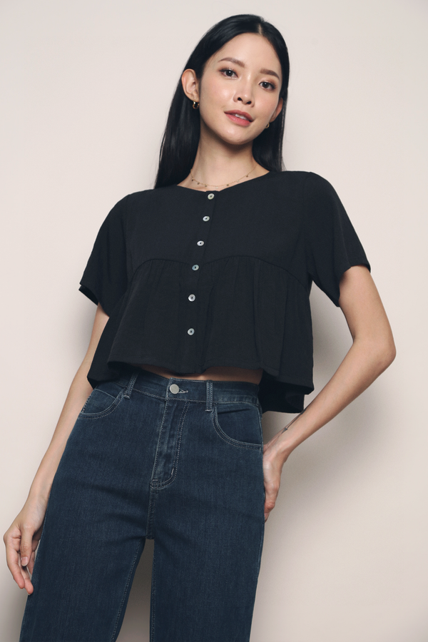 Perry Button Down Babydoll Top Black