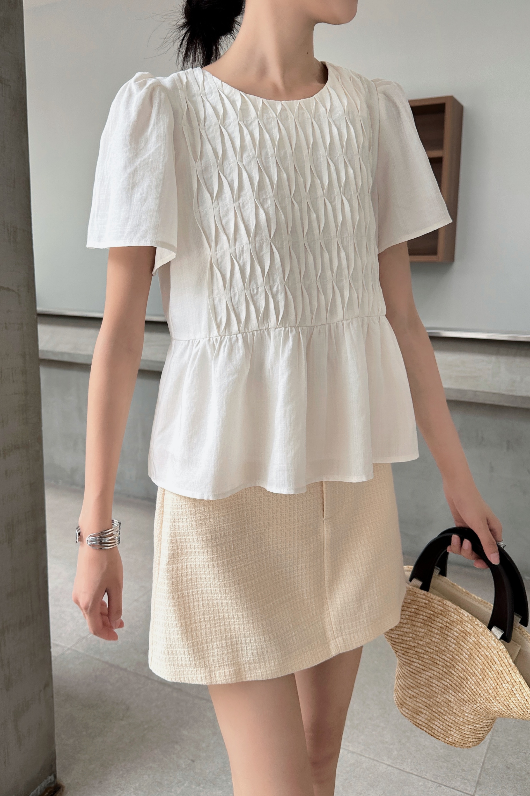 Poetry Pintuck Babydoll Blouse Cream (Backorder)