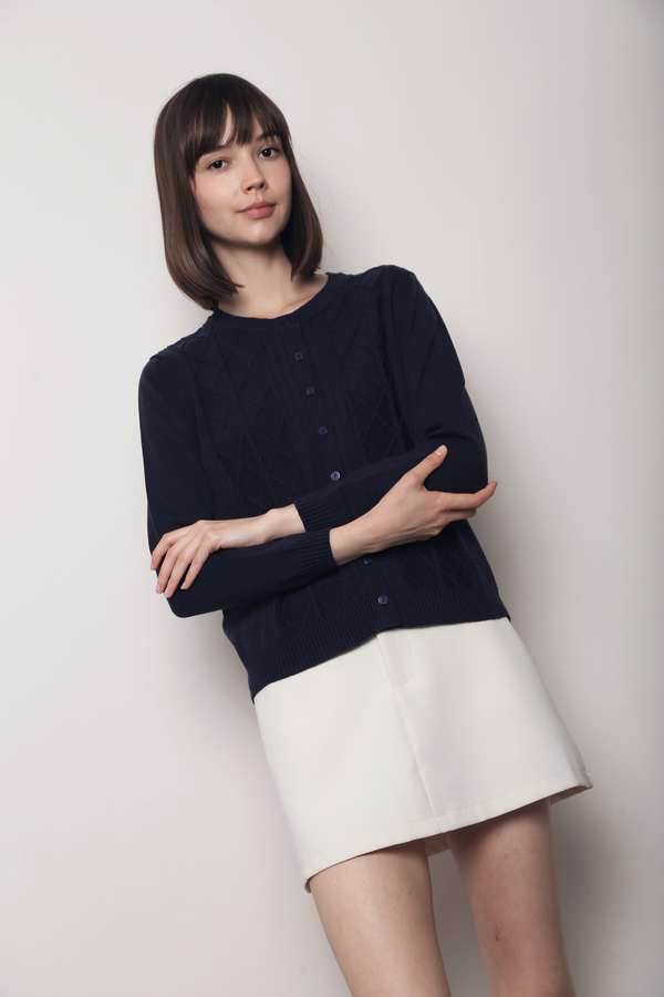 Pointelle Cable Knit Cardigan Navy