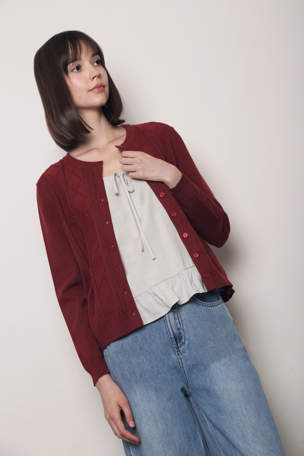 Pointelle Cable Knit Cardigan Wine