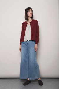 Pointelle Cable Knit Cardigan Wine