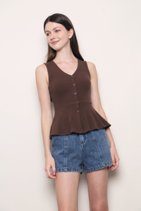Rosie V2 Ribbed Peplum Blouse Brown