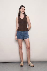 Rosie V2 Ribbed Peplum Blouse Brown