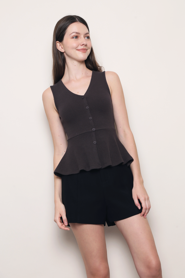 Rosie V2 Ribbed Peplum Blouse Gunmetal Grey