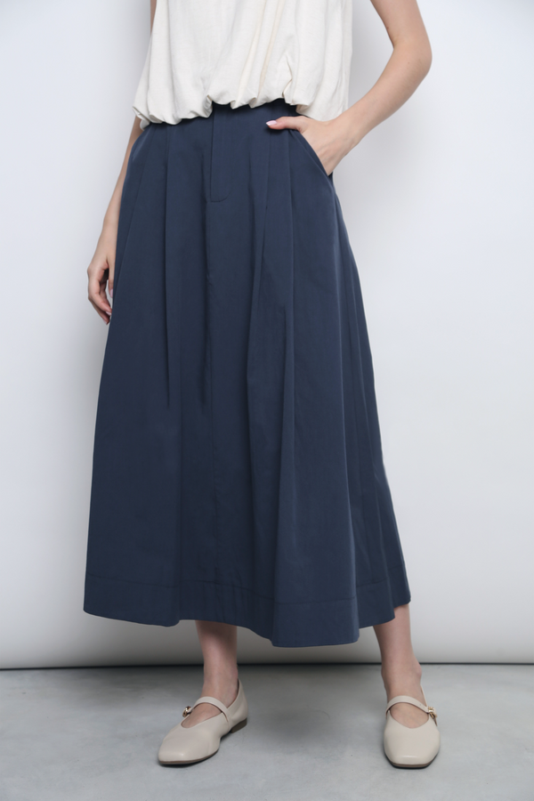 Seattle Pleated Cotton Maxi Skirt Navy