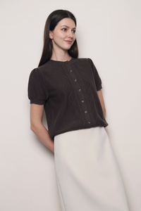 Soft Trellis Knit Blouse Brown