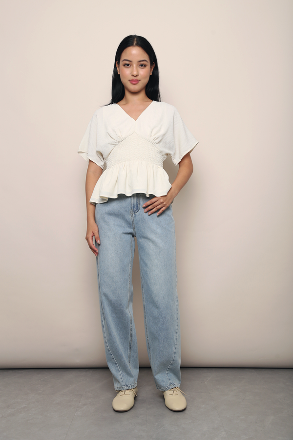 Sorrento Smocked Waist Kimono Top Ivory