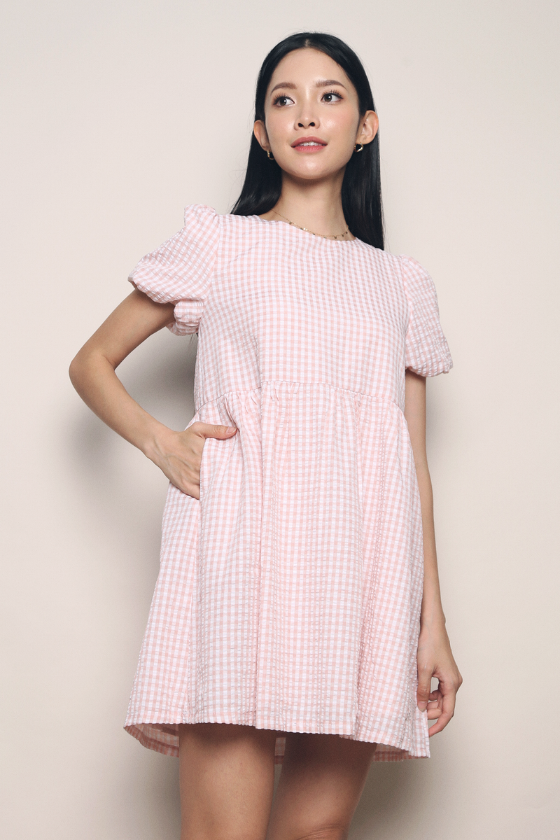 Sue Checkered Babydoll Dress Peach