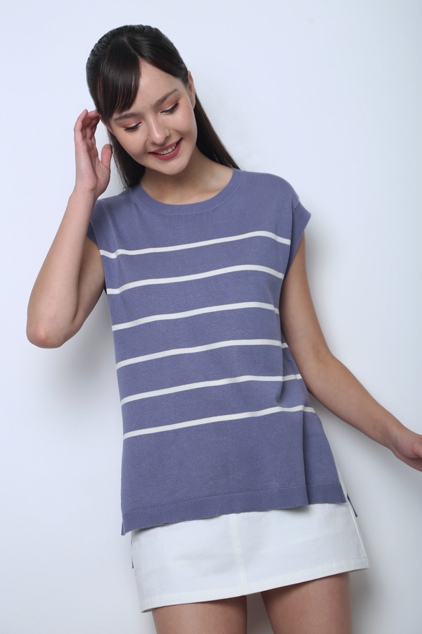 Sundae Stripe Sleeveless Knit Top Dusty Blue