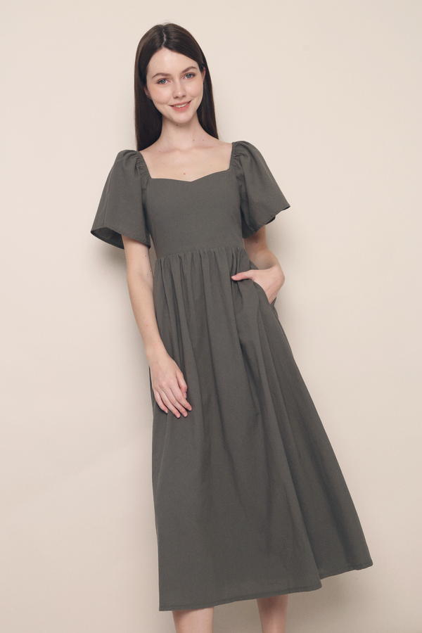 Tiara Sweetheart Linen Midaxi Dress Olive