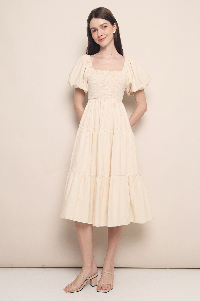 Trinity Smocked Tier Midi Dress Cream