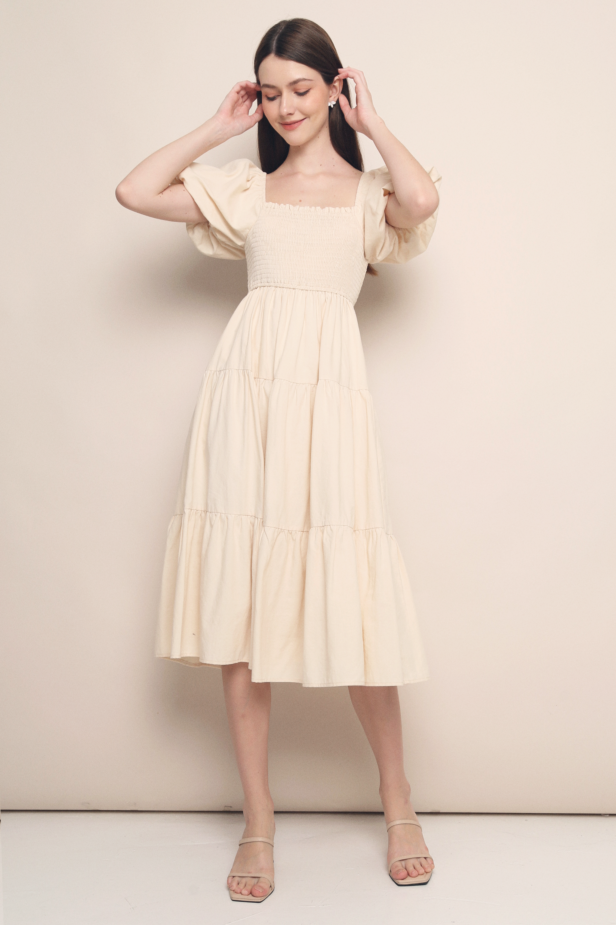 Trinity Smocked Tier Midi Dress Cream